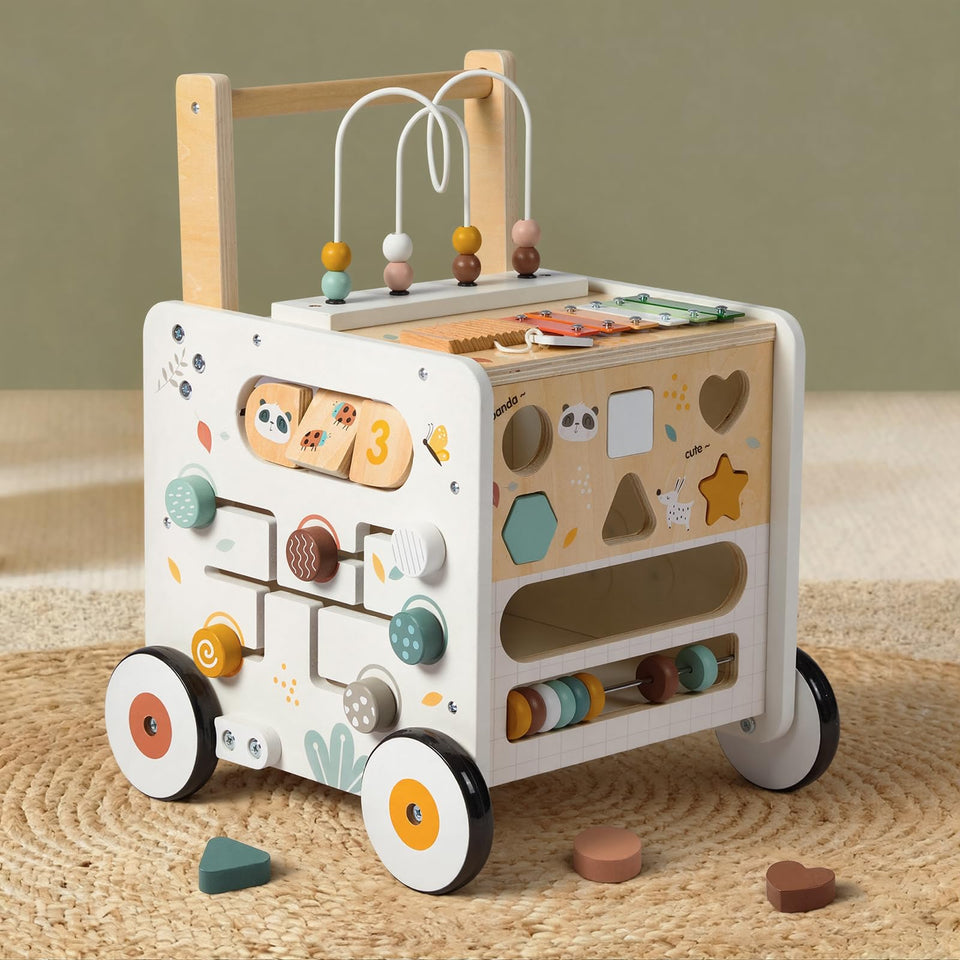 PTINFLUCE wooden baby walker front view, smooth edges for safe exploration and early learning.