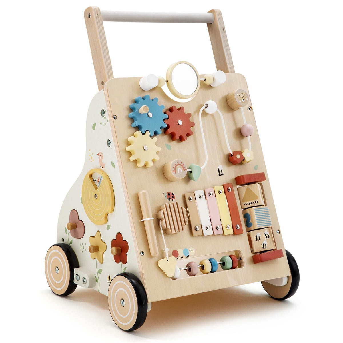 PTINFLUCE wooden baby walker front view with educational toys promoting early exploration