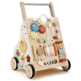 PTINFLUCE wooden baby walker front view with educational toys promoting early exploration