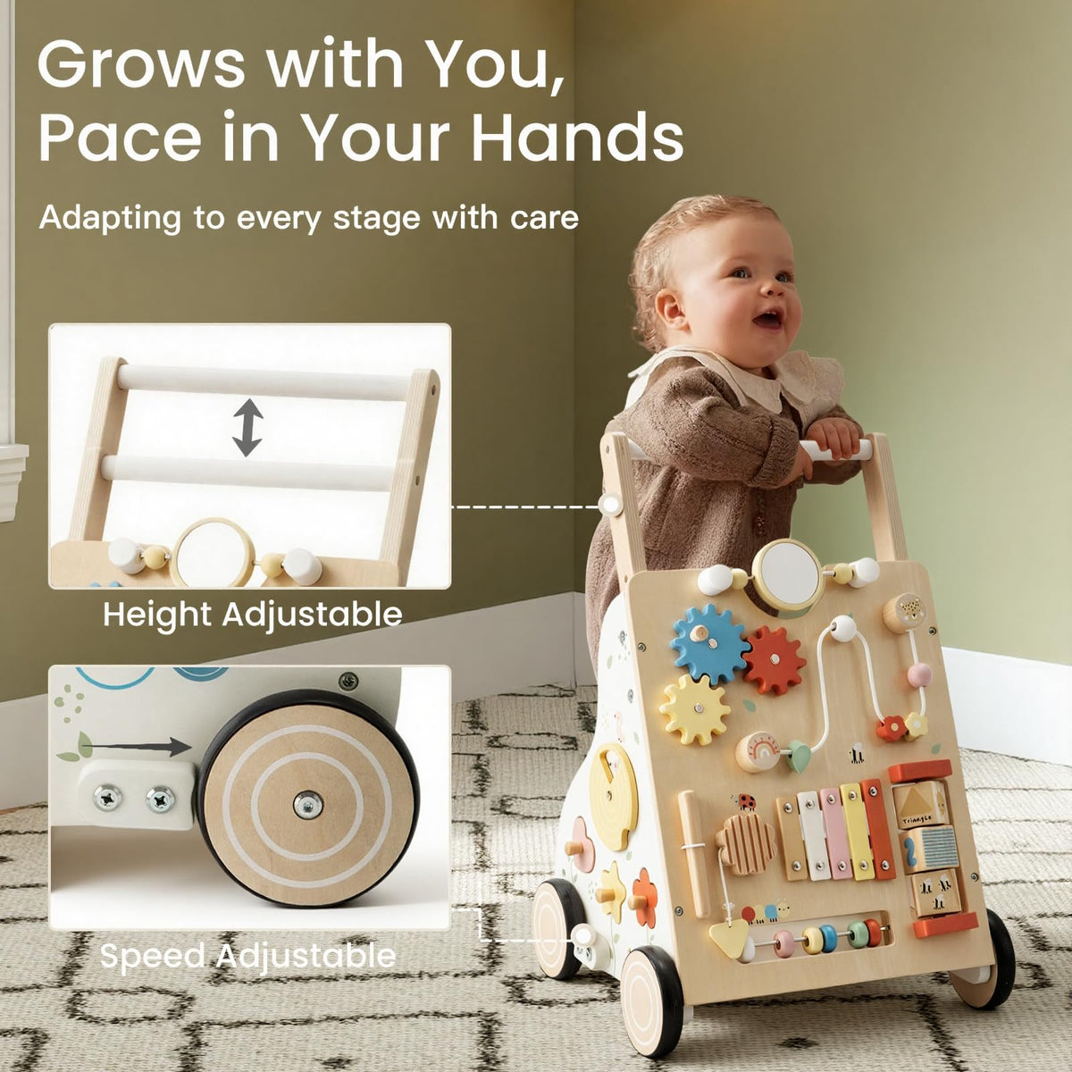 PTINFLUENCE wooden baby walker rotating gears enhance problem-solving during play