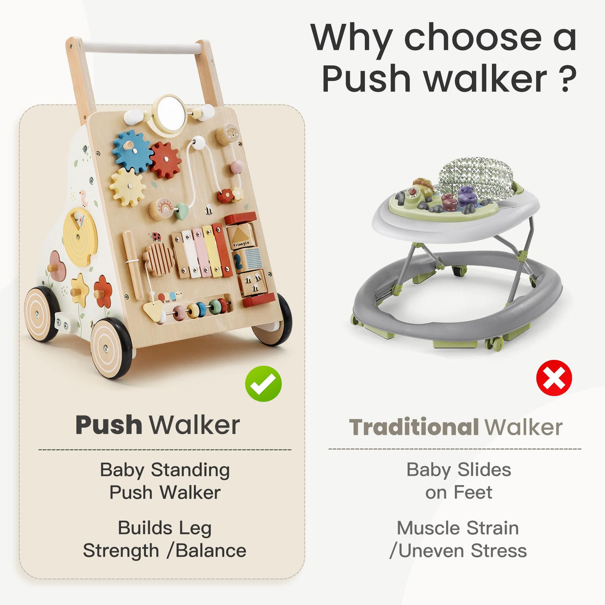 PTINFLUENCE wooden baby walker adjustable speed control supports comfortable pacing