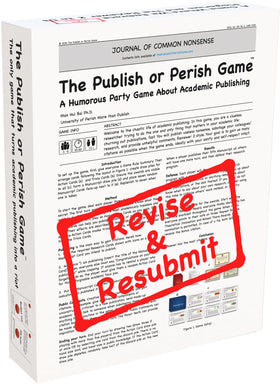 Publish or Perish Game box cover with playful academia art inviting social play