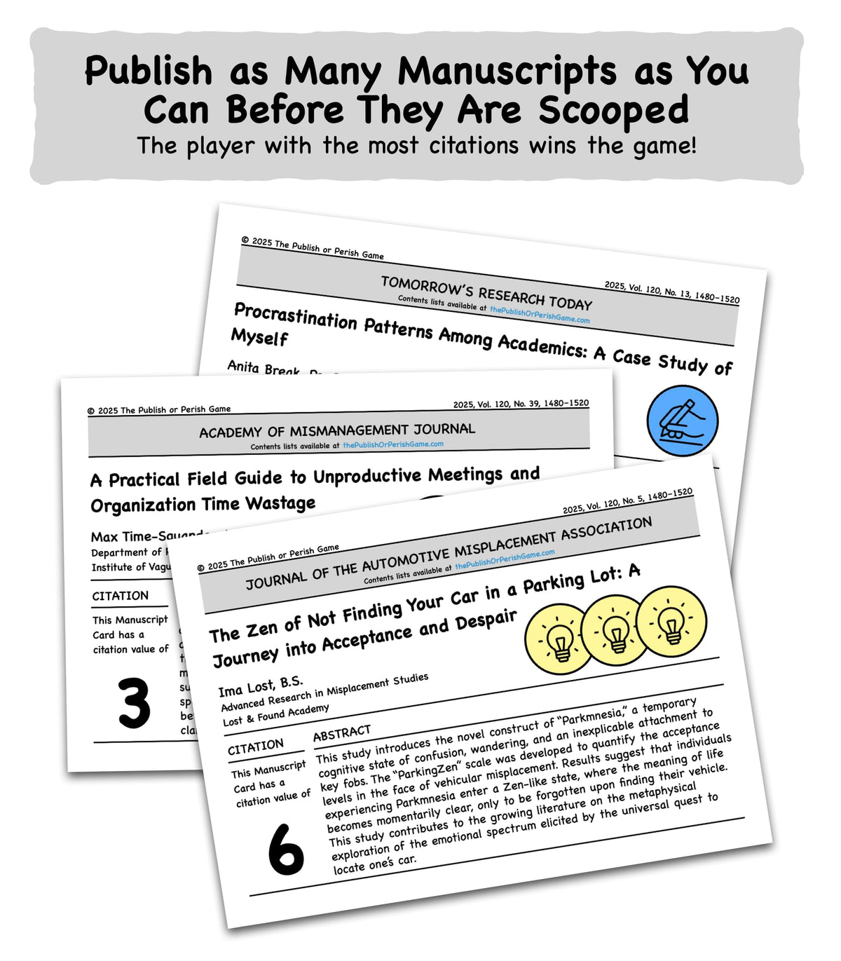 Publish or Perish Game card deck spread featuring trivia cards for curious minds