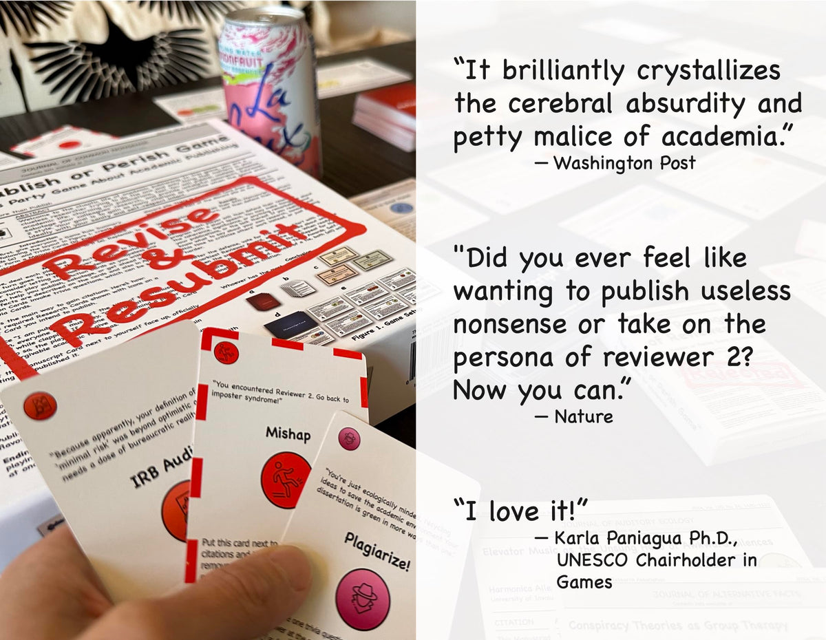 Publish or Perish Game lab party scene capturing playful scholars in debate