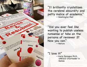 Publish or Perish Game lab party scene capturing playful scholars in debate