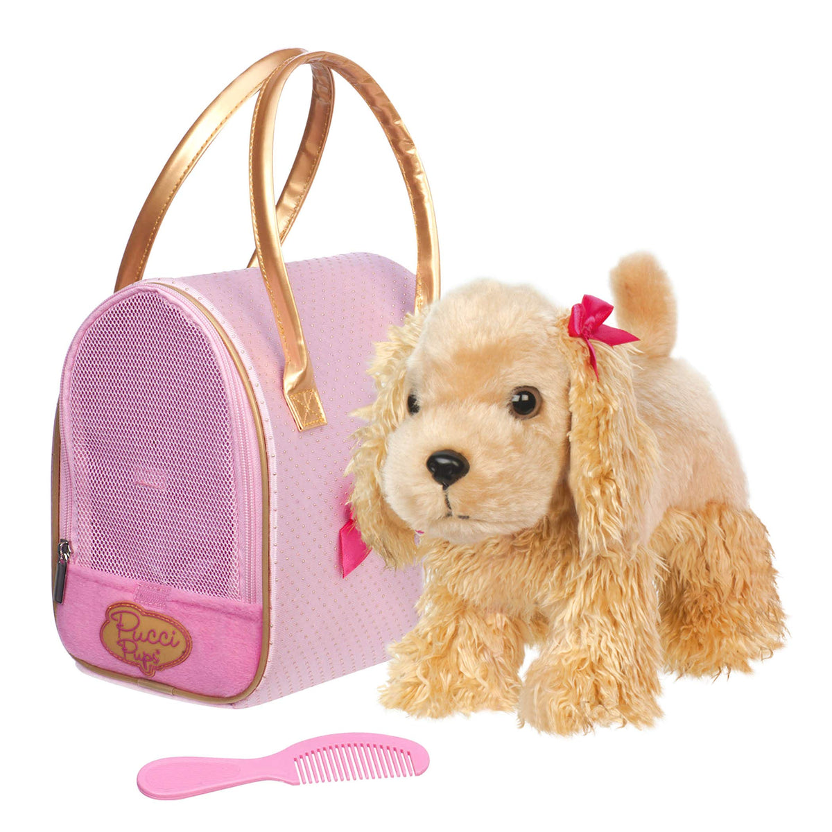 Pucci Pups Golden Dot Glam Bag with Cocker Spaniel plush for imaginative play.