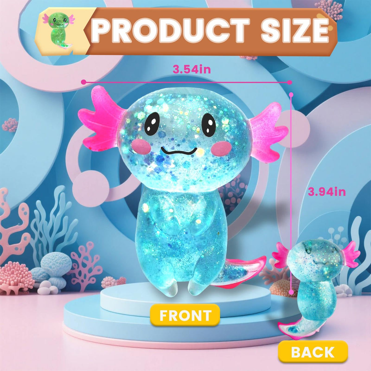 Puffwize glitter axolotl fidget toy, pocket-size for on-the-go calm.