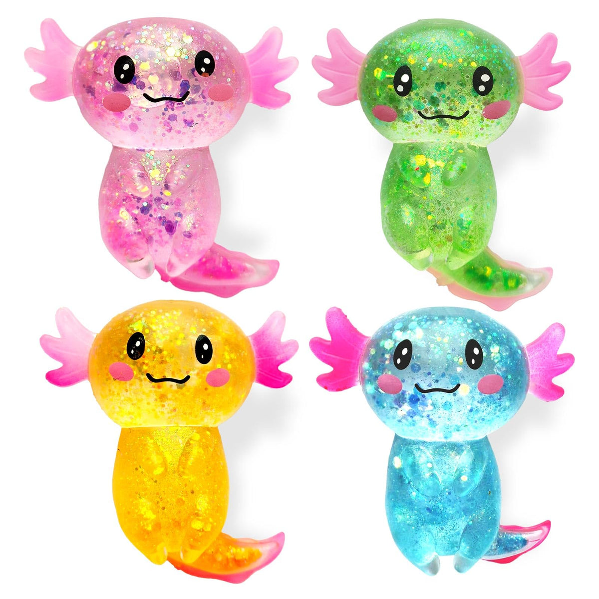 Puffwize axolotl squishy glitter toy held for calming stress relief.