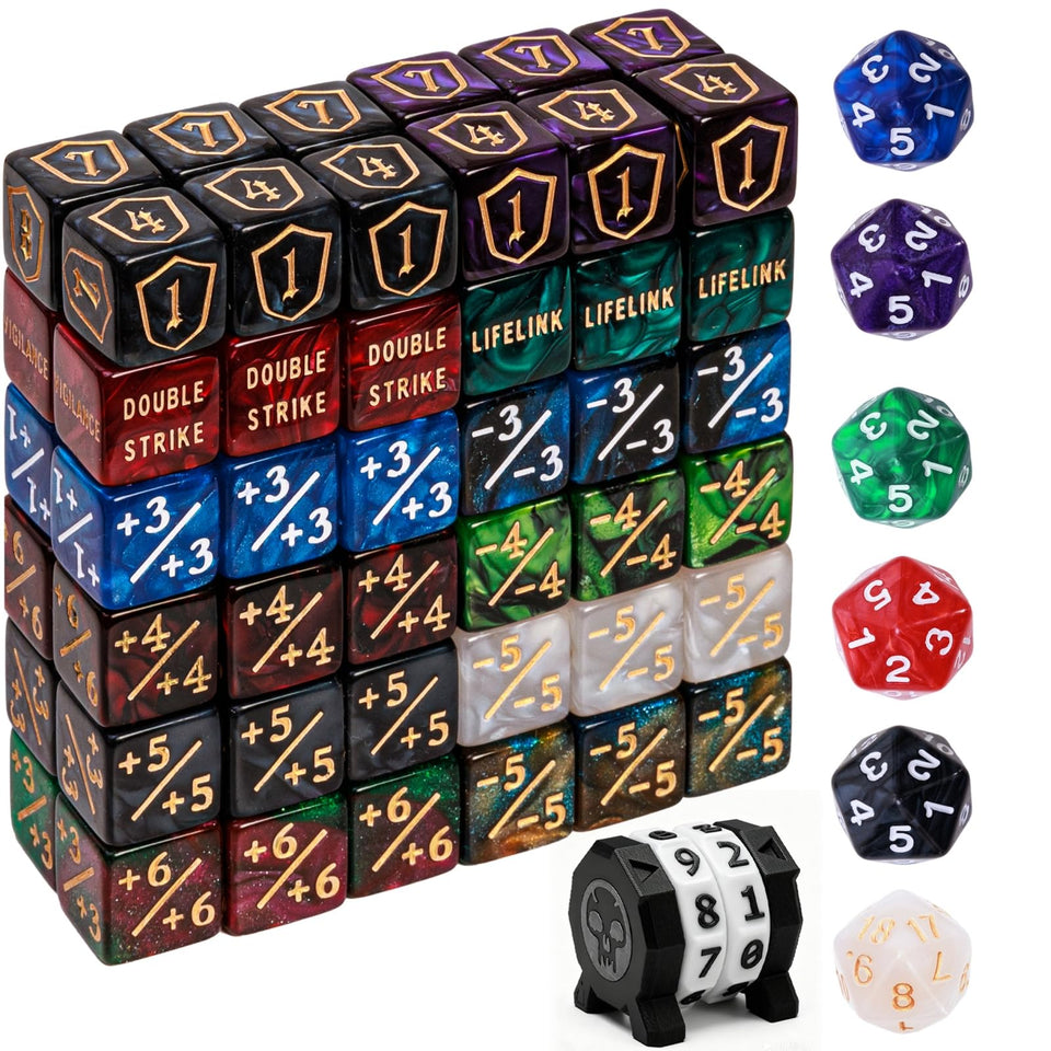 PUGED 79-pcs MTG dice set in black and purple for clear game reads