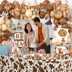 Pugipien Highland Cow Backdrop Tablecloth creates festive table setting.