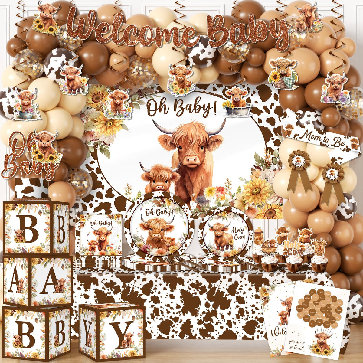 Pugipien Highland Cow Welcome Banner for boy shower decor.