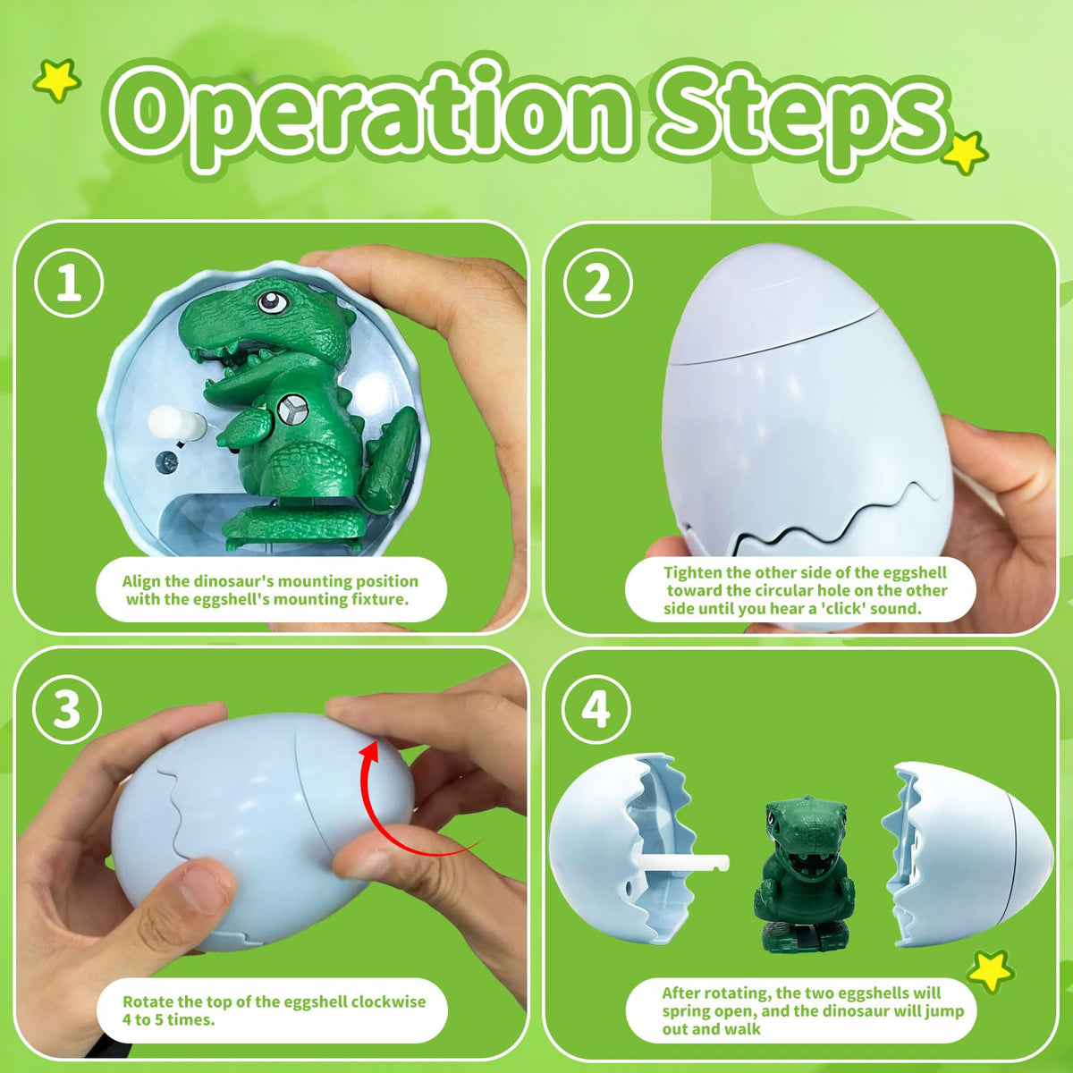 PUKVAHQ wind-up egg opens to walking dinosaur for imaginative fun.