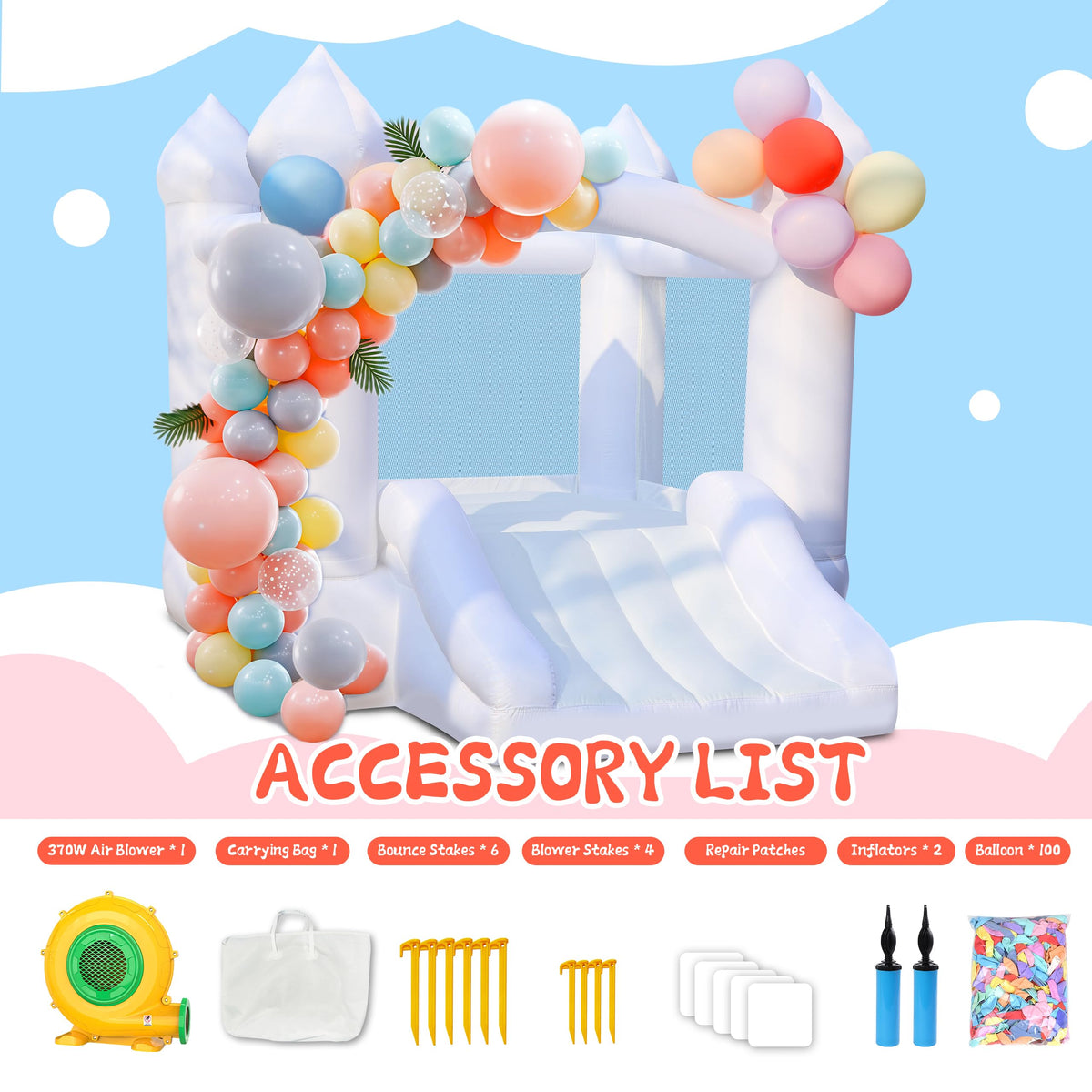 Puligoth white bounce house with convenient storage bag