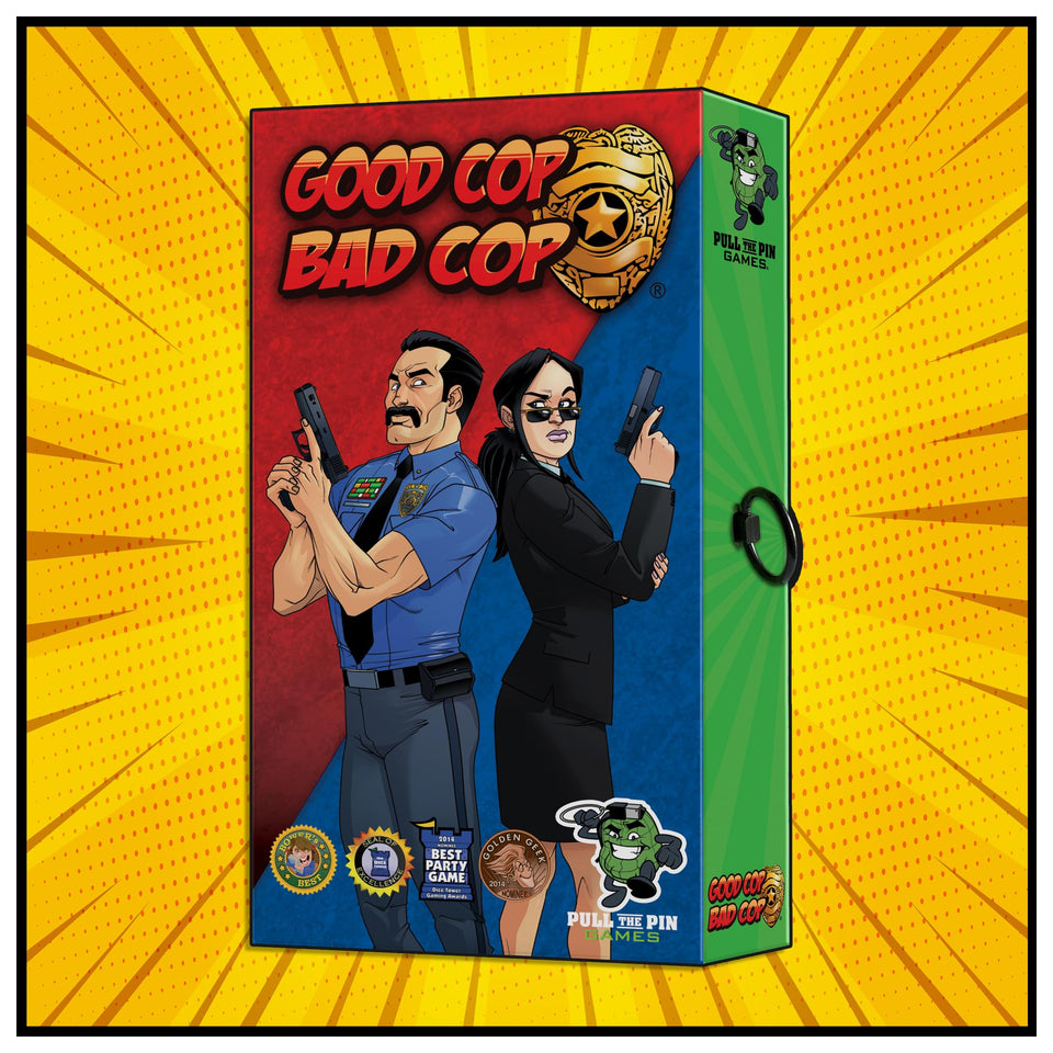Pull the Pin Games Good Cop Bad Cop box on the table for game night