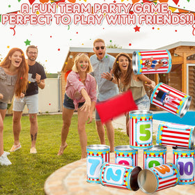 The 13-piece set includes 10 cans and 3 bean bags for versatile play.