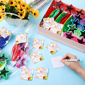 PullCrease bag ties help attach cards to goody bags for quick setup.