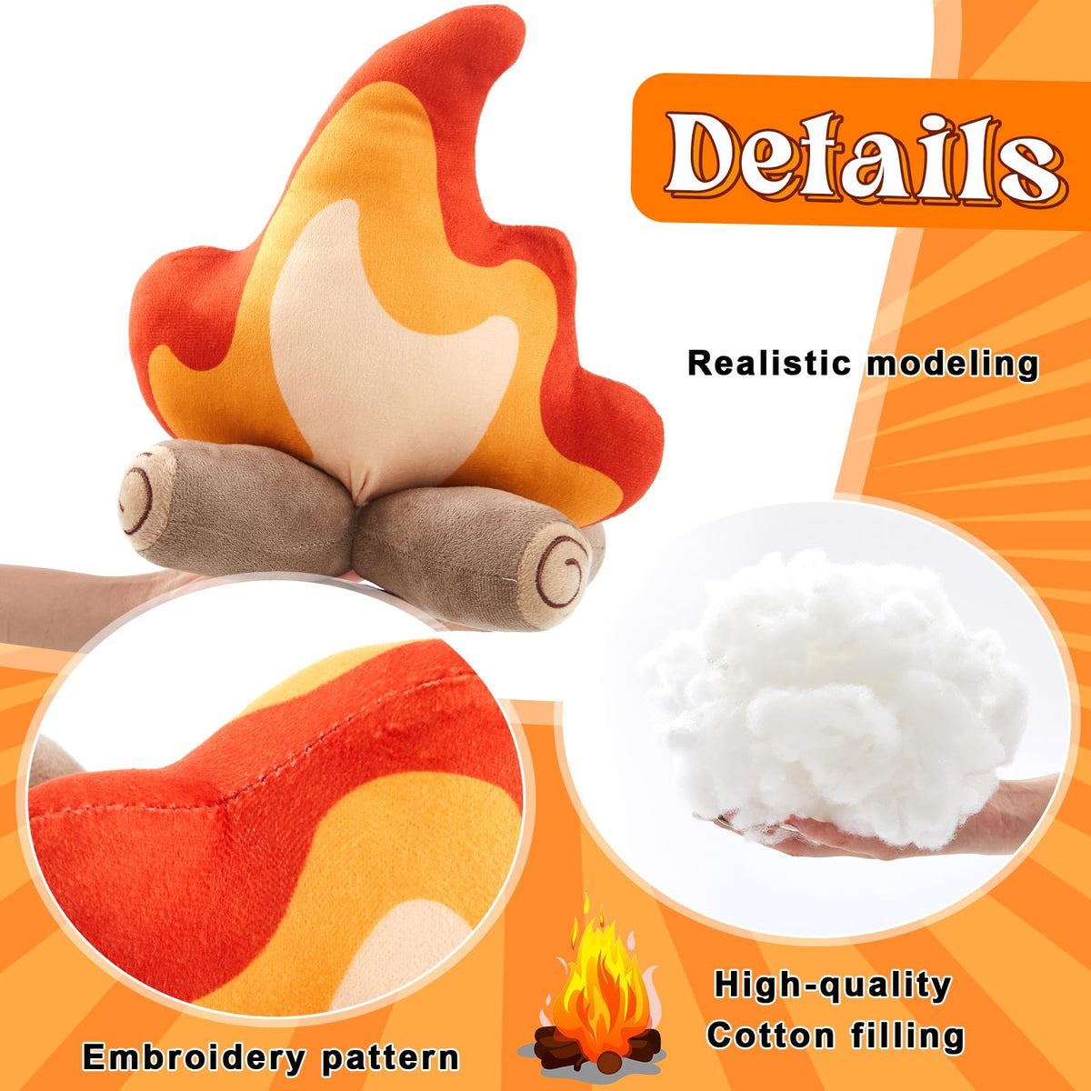 PullCrease campfire plush cotton exterior emphasizes soft woodland decor.