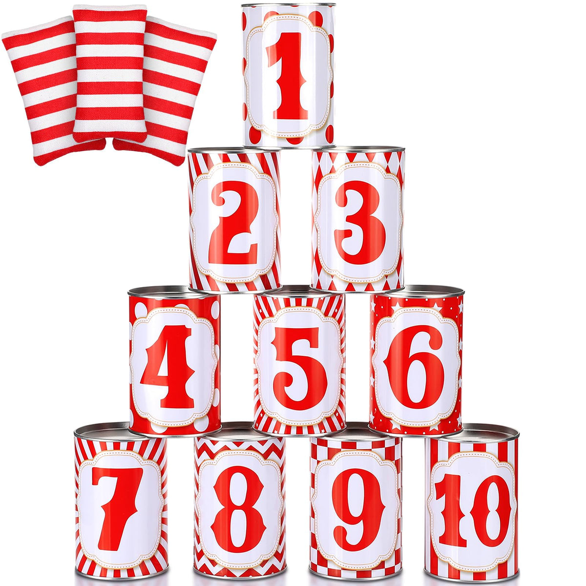 PullCrease carnival can game set with 10 cans and 3 bean bags for festive play.