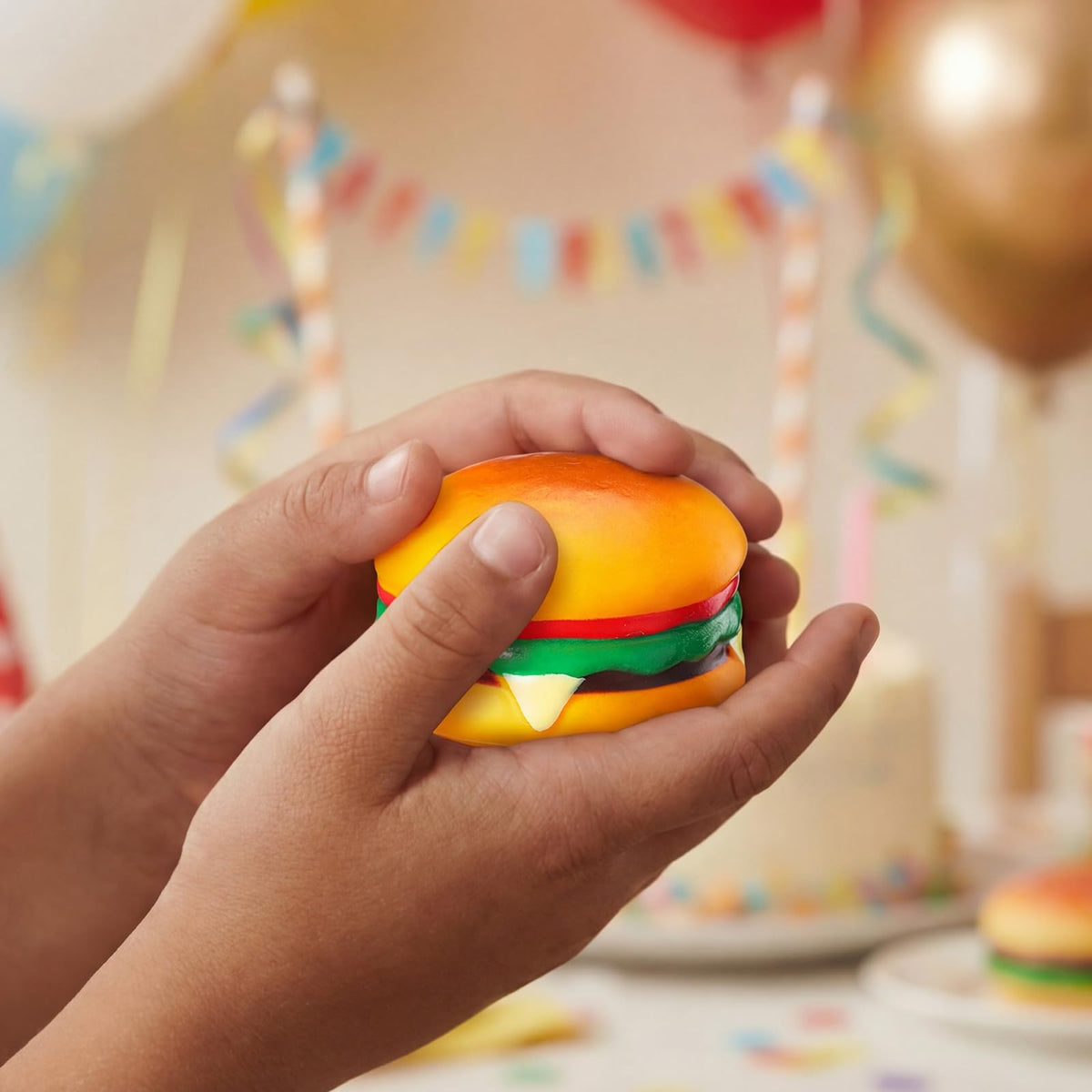 PullCrease hamburger stress ball party favor for celebrations.
