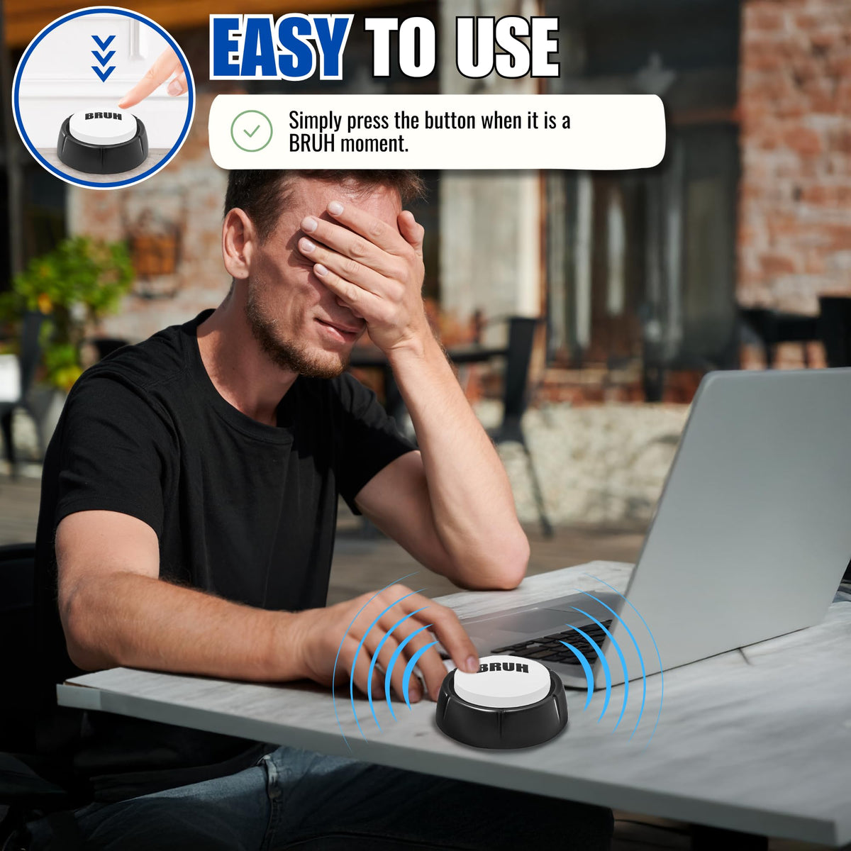 PulseWire Bruh Button top view, compact desk-friendly design.