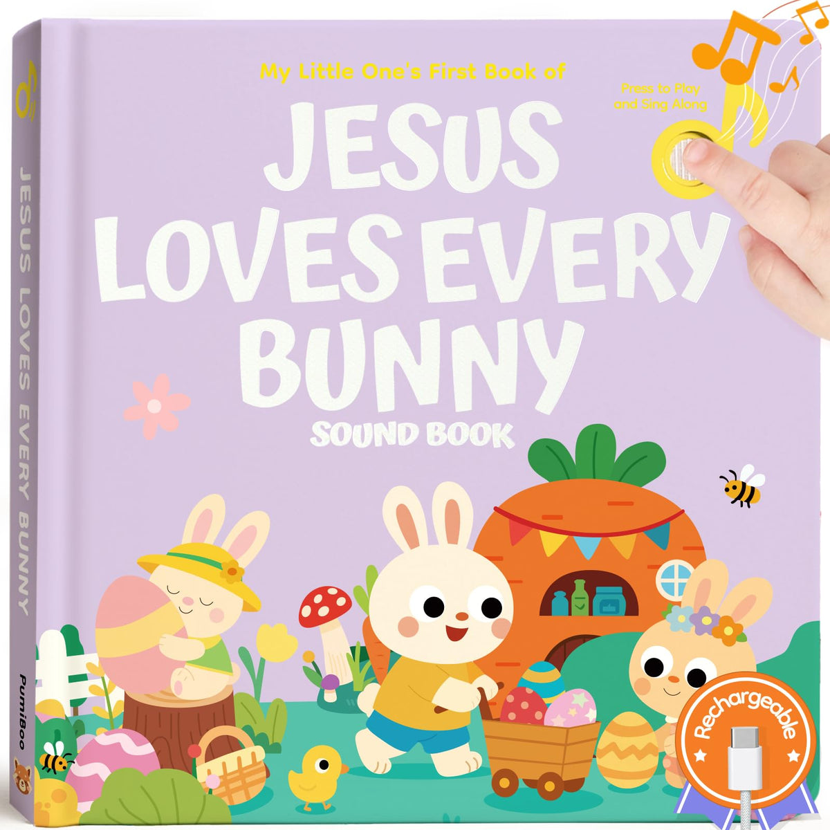 Pumiboo Jesus Loves Every Bunny cover featuring kid-friendly Bible story and songs for toddlers.