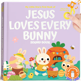 Pumiboo Jesus Loves Every Bunny cover featuring kid-friendly Bible story and songs for toddlers.