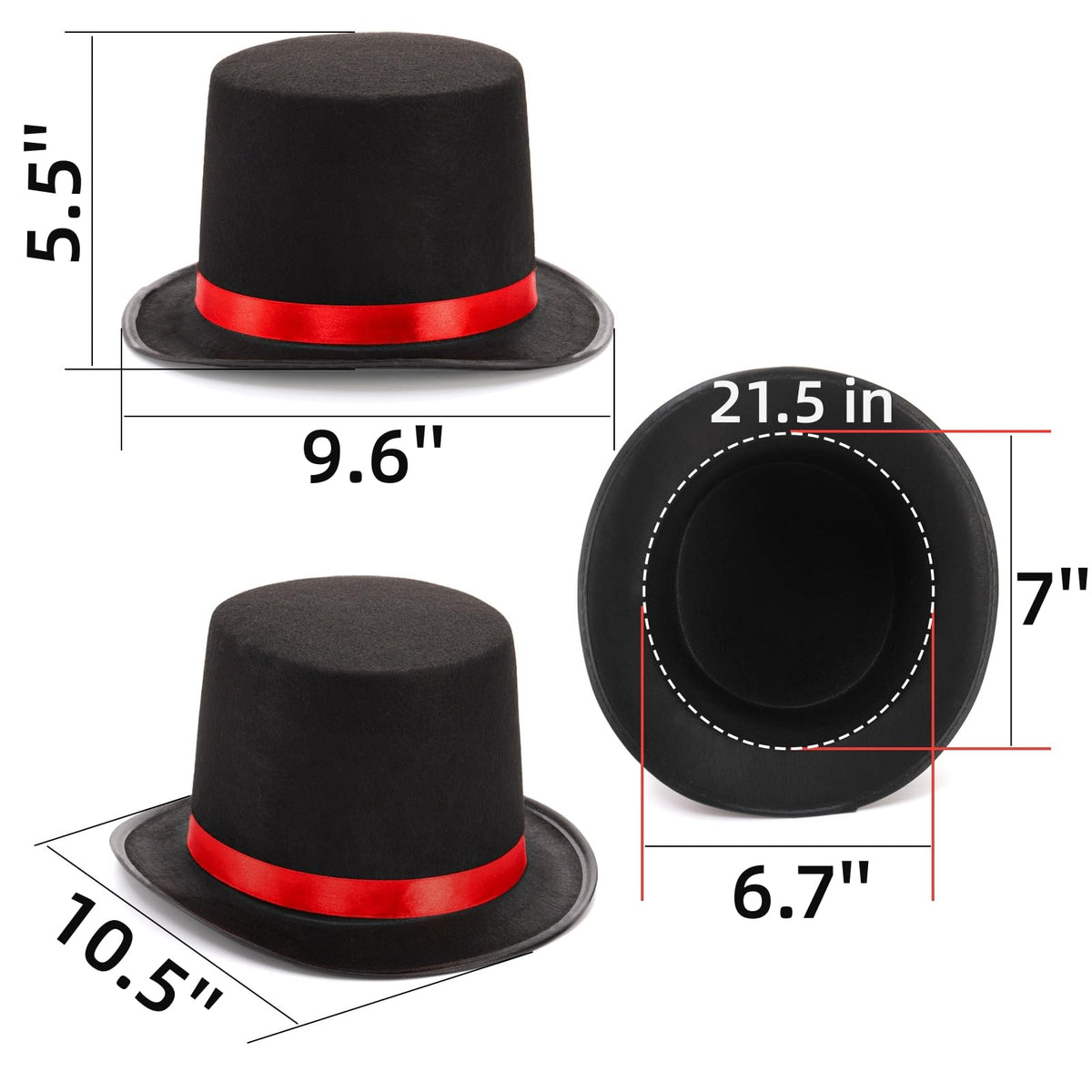 Pumtus black felt top hat with red band enhances costume appeal for parties and stage performances