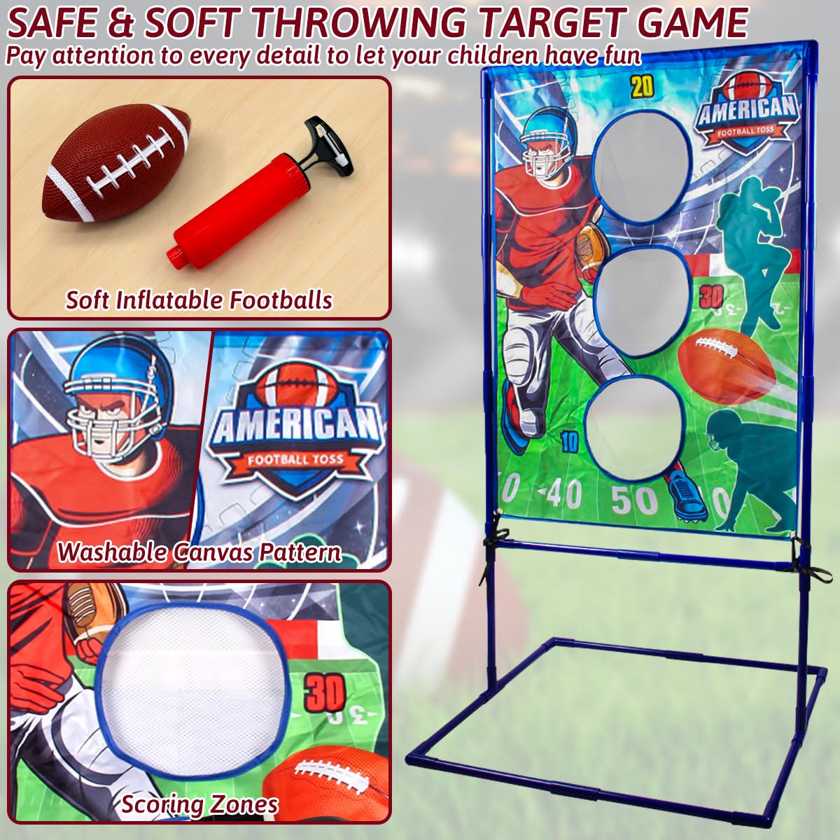 Punieayi football target with net pockets boosts throwing accuracy.