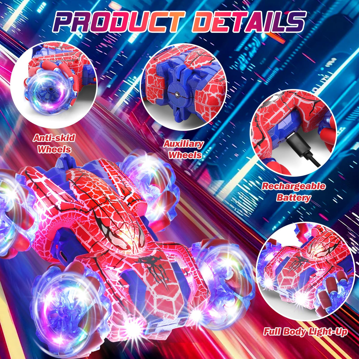 Punieayi Gesture Sensing RC Car full-body LEDs illuminate action-packed stunt scenes