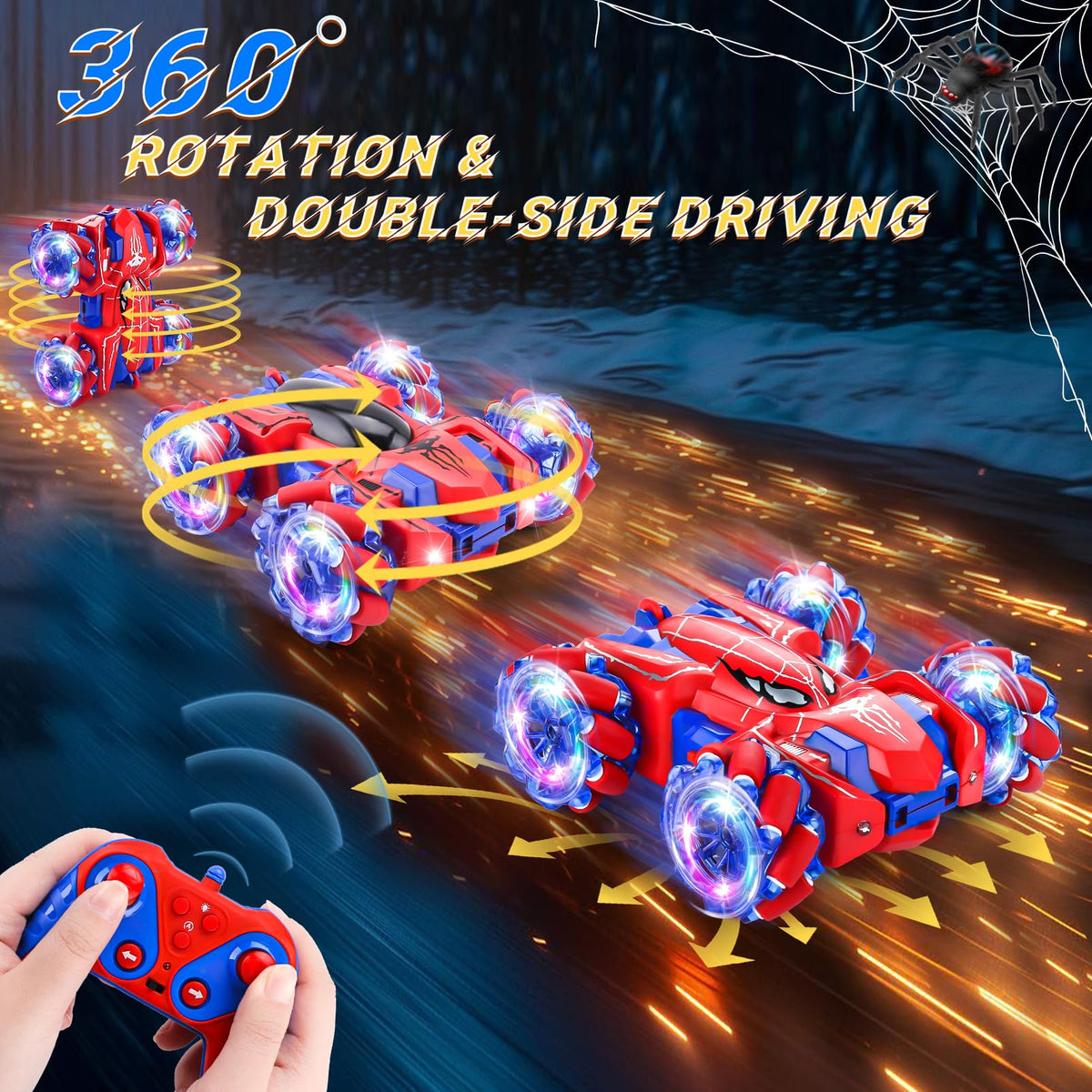 Punieayi Spider RC Car performing a 360-degree rotation stunt