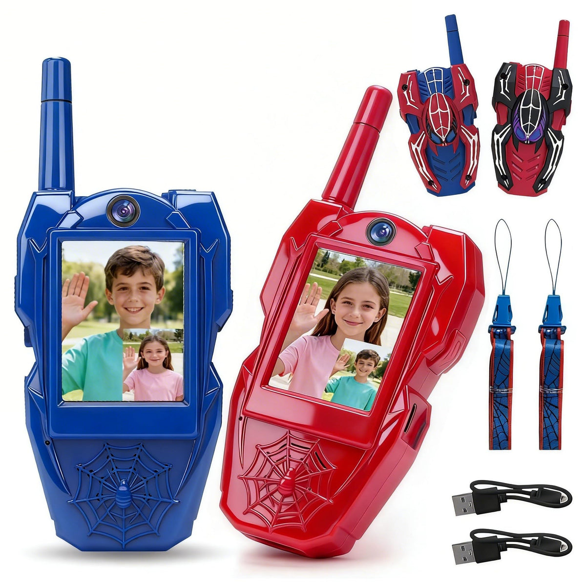 Punieayi Spider video walkie talkie front view with kid-friendly controls for easy outdoor play.