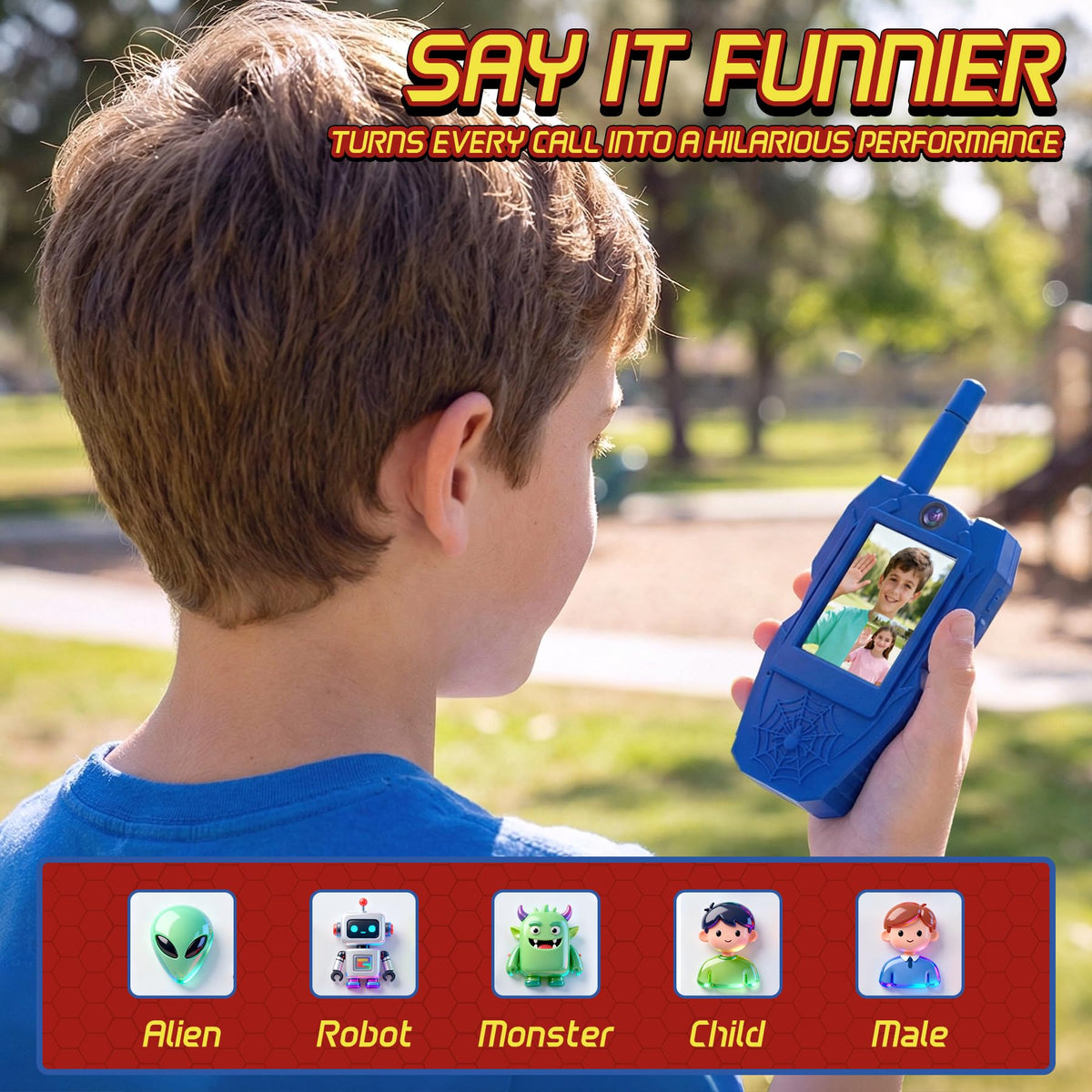 Punieayi Spider video walkie talkie close-up highlighting voice changer and fun frames.