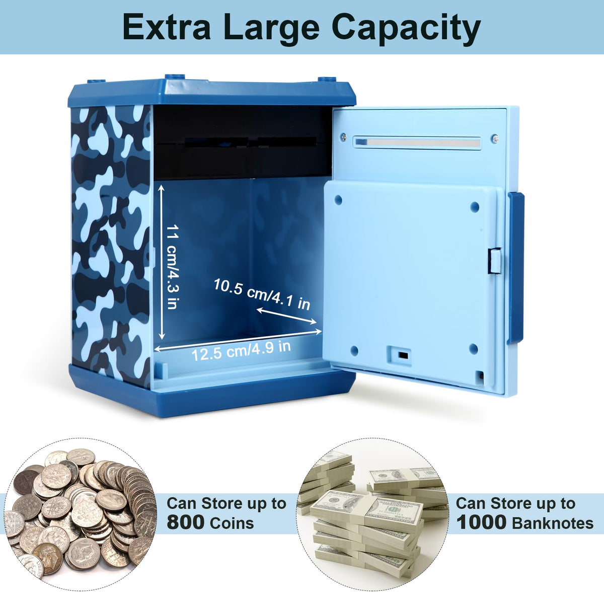 Pup Go ATM piggy bank blue cash-slot view demonstrates automatic cash intake and sounds.