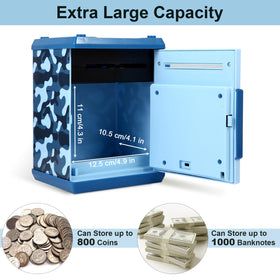 Pup Go ATM piggy bank blue cash-slot view demonstrates automatic cash intake and sounds.