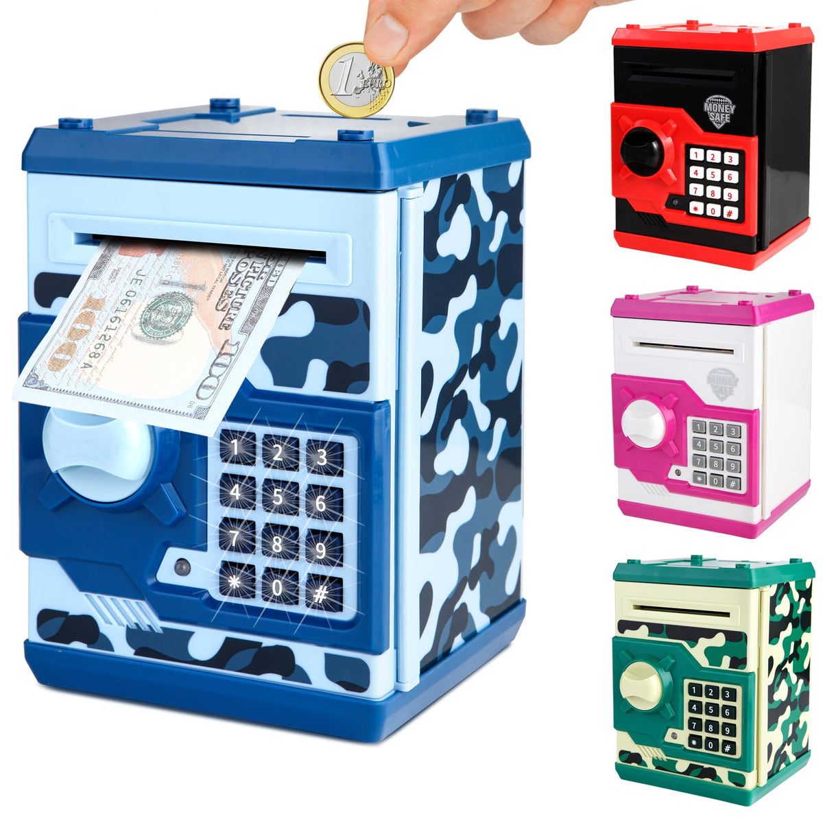 Pup Go ATM piggy bank blue front view highlights secure 4-digit password protection for kids.