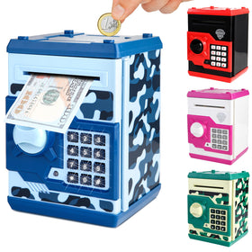 Pup Go ATM piggy bank blue front view highlights secure 4-digit password protection for kids.