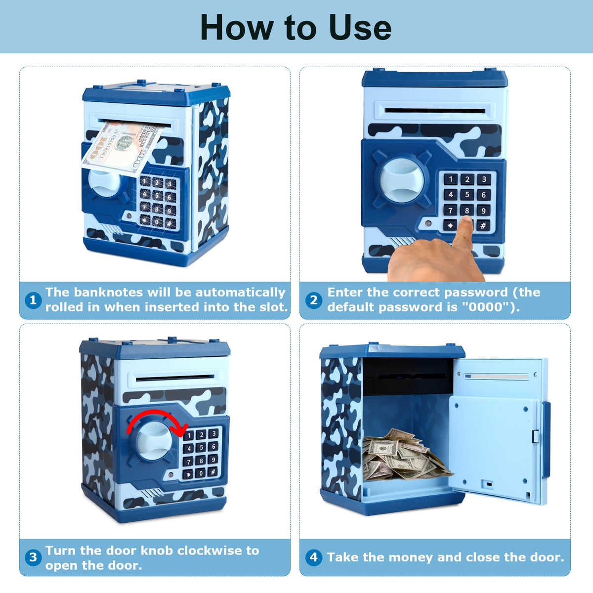 Pup Go ATM piggy bank blue material emphasizes sturdy ABS construction.