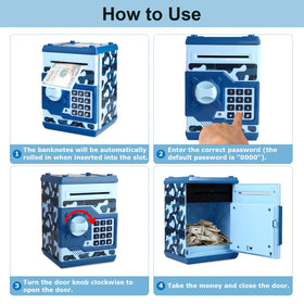 Pup Go ATM piggy bank blue material emphasizes sturdy ABS construction.