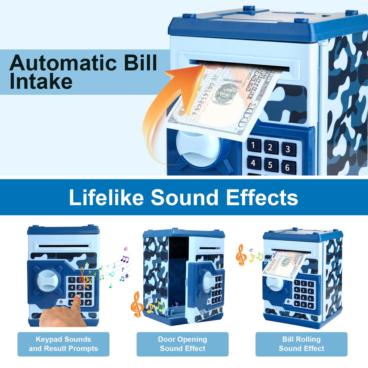 Pup Go ATM piggy bank blue top view showcases dual-entry design for cash and coins.