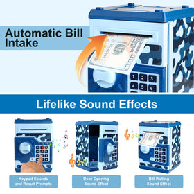 Pup Go ATM piggy bank blue top view showcases dual-entry design for cash and coins.