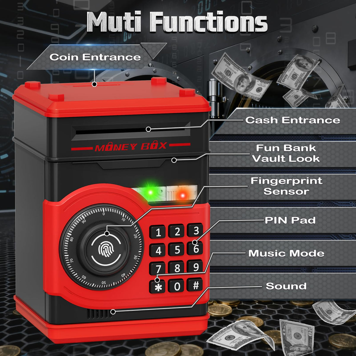 Pupidiu piggy bank with fingerprint-access for imaginative vault play.