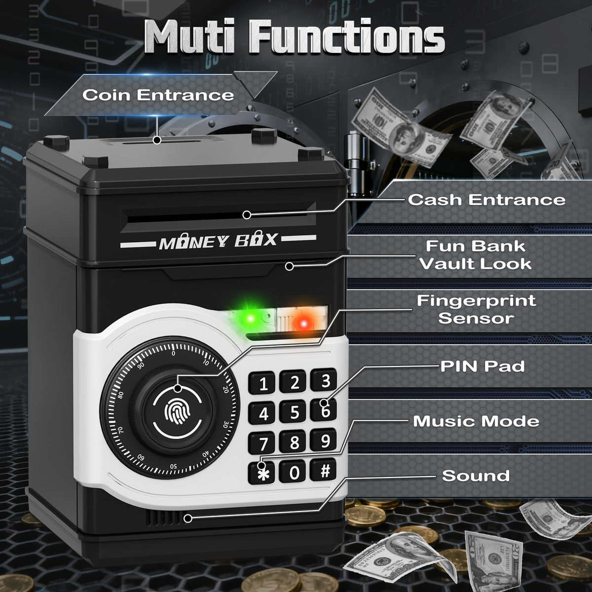Pupidiu piggy bank showing fingerprint-simulated unlock for pretend ATM access.
