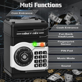 Pupidiu piggy bank showing fingerprint-simulated unlock for pretend ATM access.