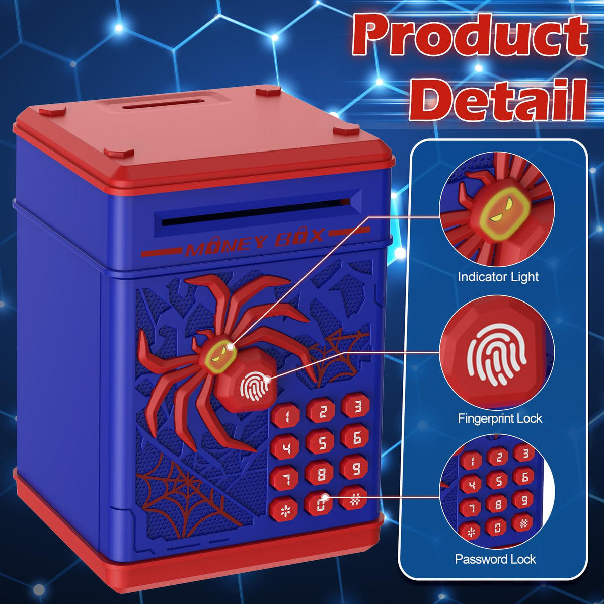 Pupidiu Spider Fingerprint Piggy Bank blue fingerprint unlock demonstrates quick access
