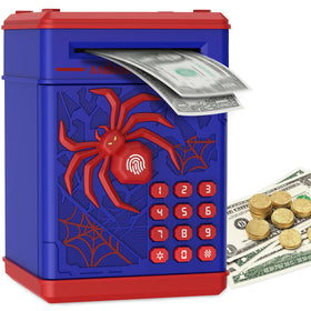Pupidiu Spider Fingerprint Piggy Bank blue front view, playful saving design