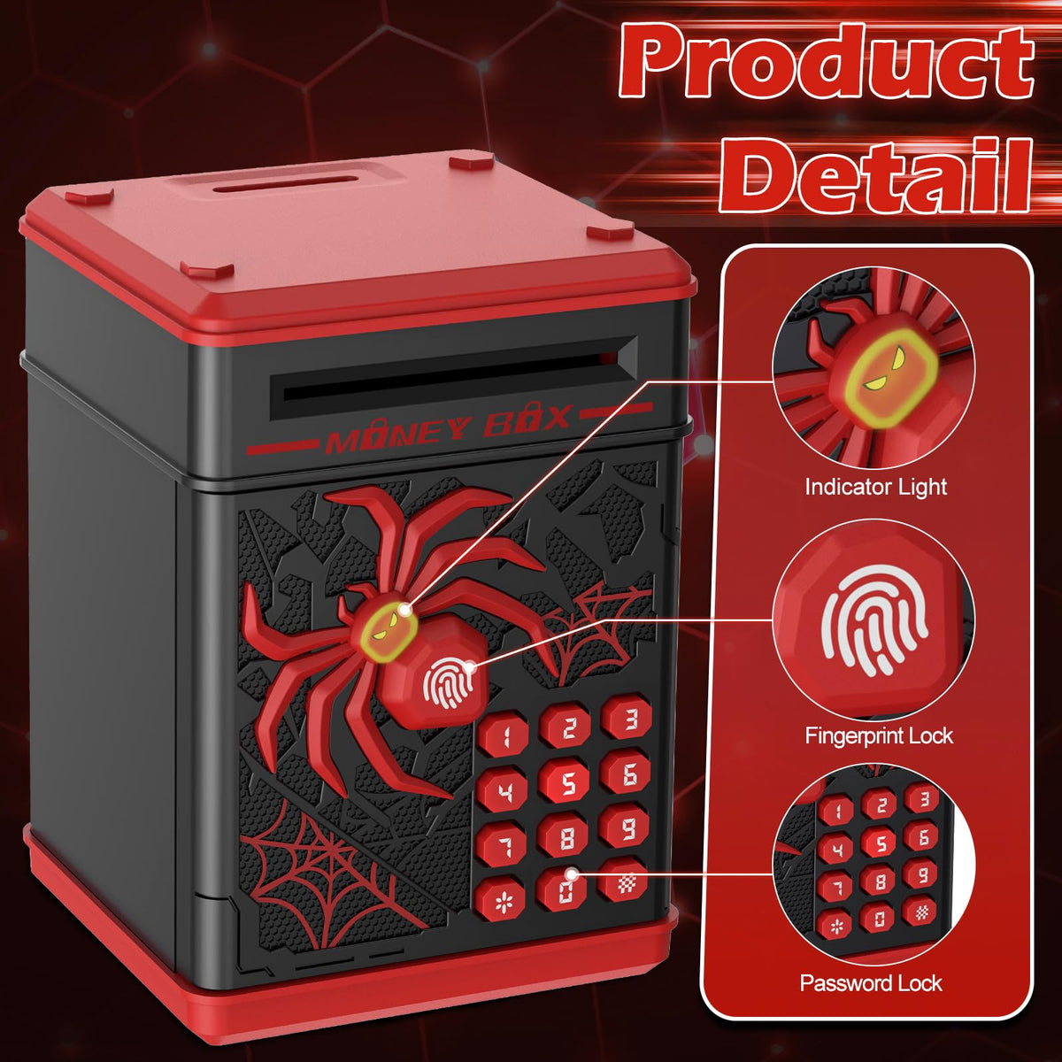 Pupidiu Spider Fingerprint Piggy Bank demonstrates fingerprint unlock for secure, easy access.