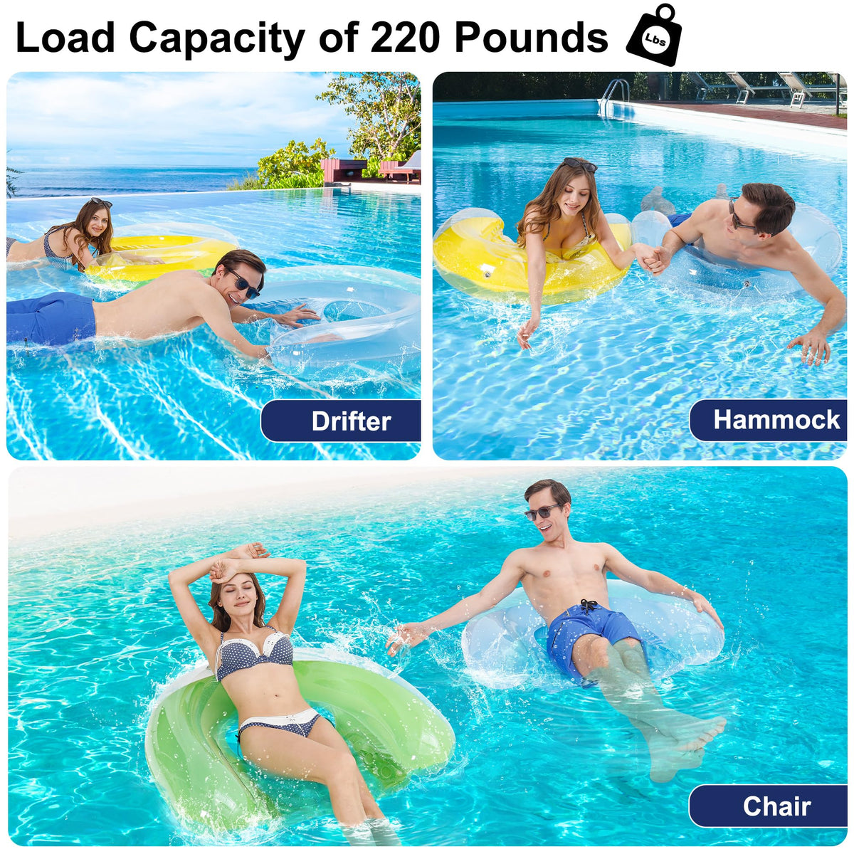PuppyuWill drifter chair pool float in sapphire blue, ideal for sunny days.