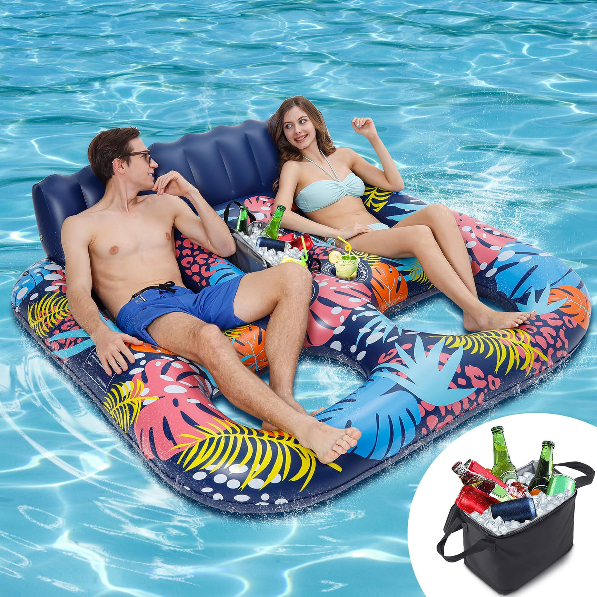 PuppyuWill 2-person inflatable pool float, full view for spacious water lounging.