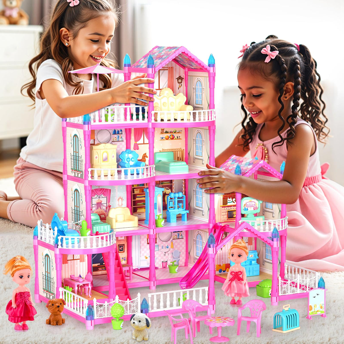 Pupu Pig doll house glow-in-the-dark roof adds magical nighttime play.