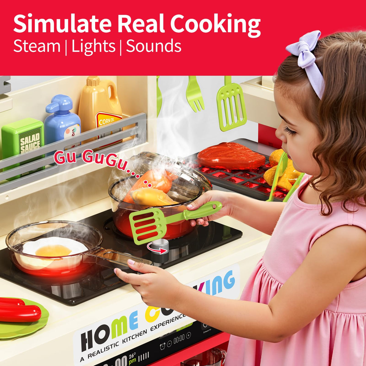 Pupu Pig kids kitchen grill with flickering lights and sizzling sounds